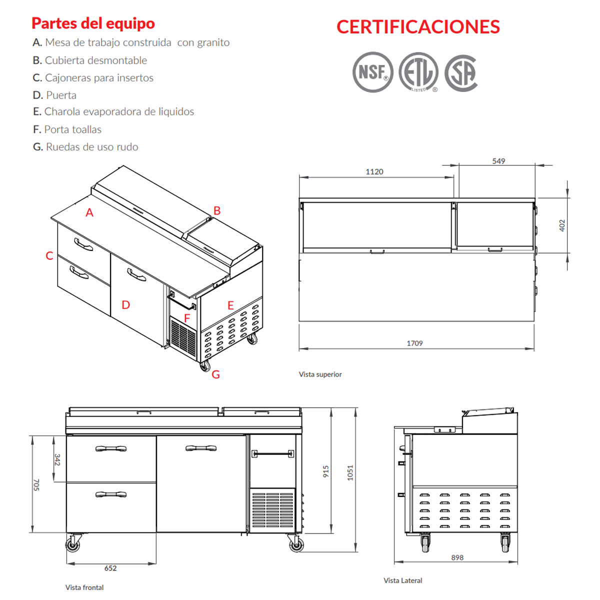 Mesa FrÍa Para PreparaciÓn De Alimentos De 1 Puerta 2 Cajones 3674